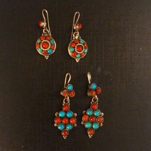 2pc Solid silver turquoise and coral earrings